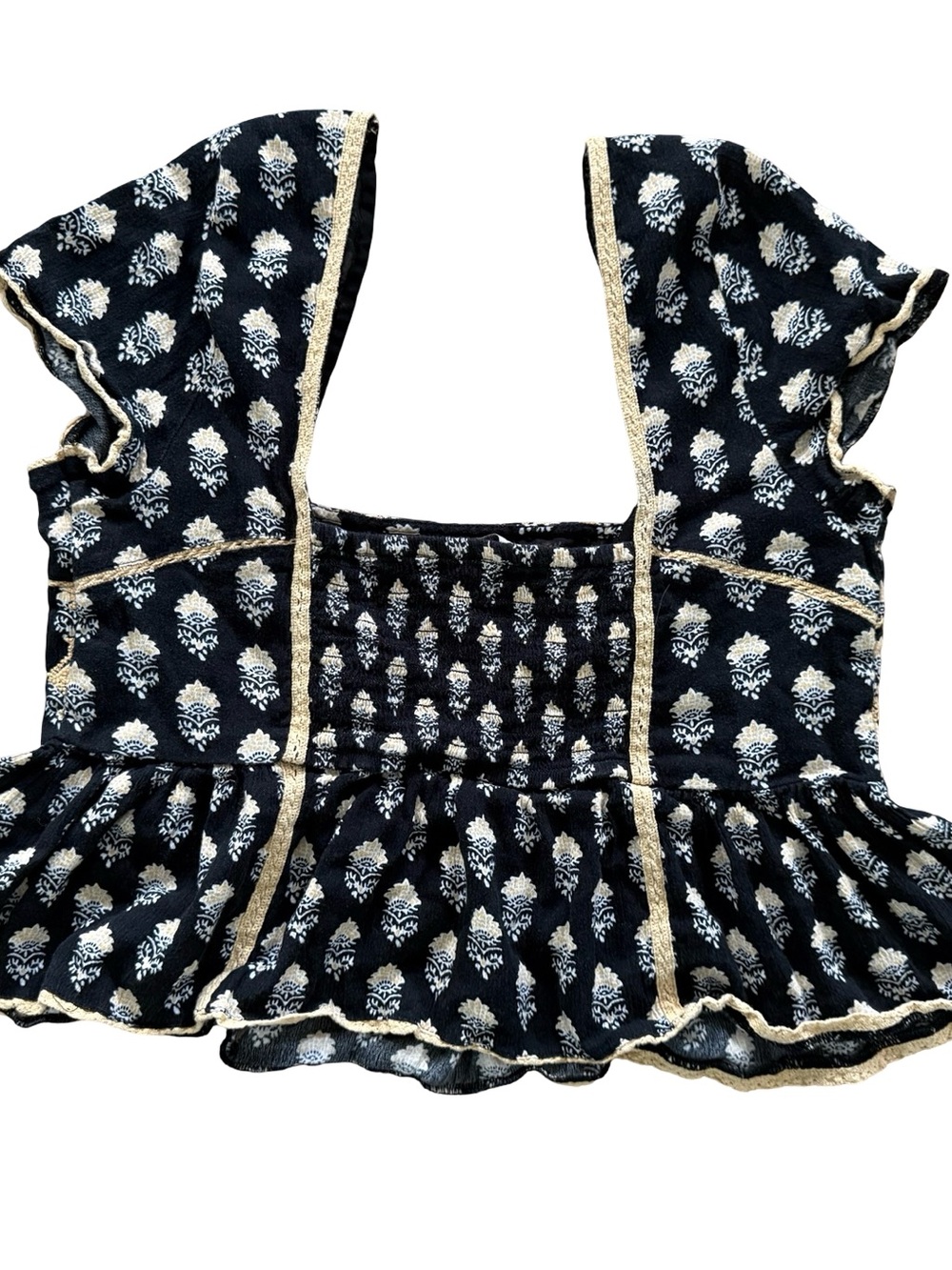 American Eagle Embroidered Block Print Flutter Sleeve Peplum Top black size XS - Picture 2 of 6